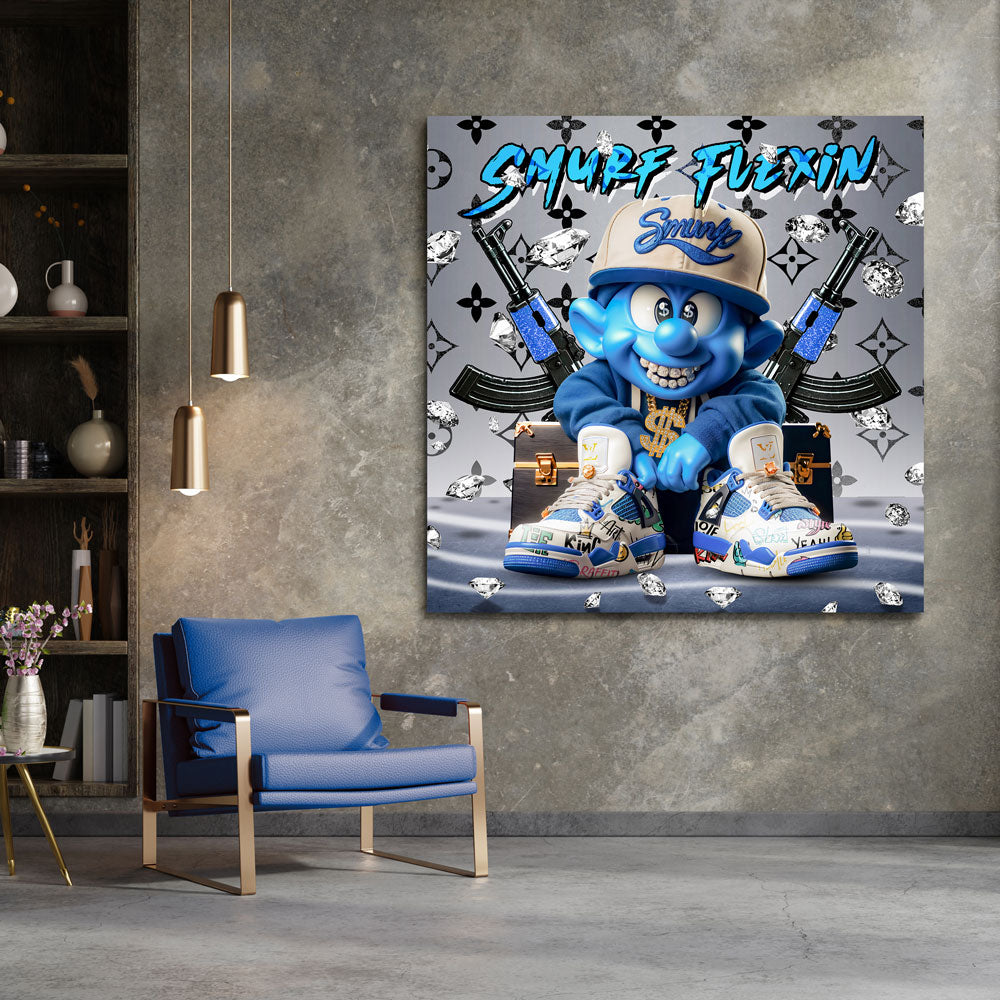 Blaue Comicfigur mit Sneakers Luxus Kette Wandbild