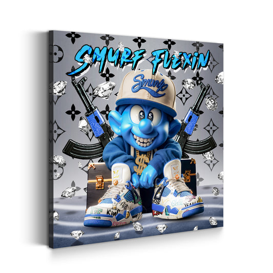 Blaue Comicfigur mit Sneakers Luxus Kette Wandbild