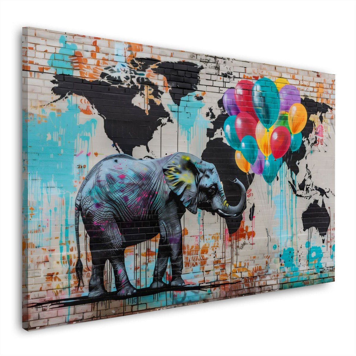 Wandbild blauer Elefant mit Luftballons vor Weltkarte auf Ziegelwand
