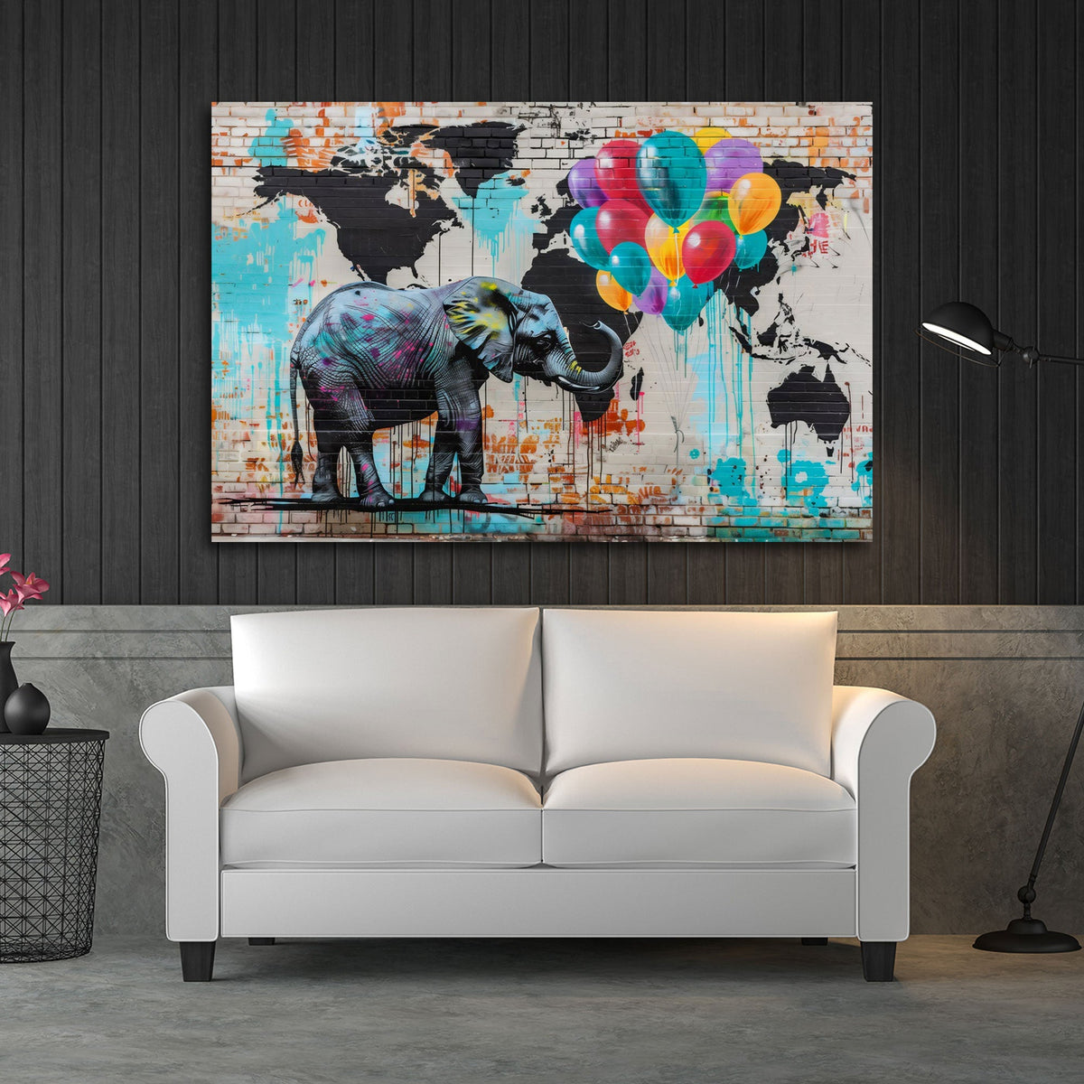 Street Art Wandbild mit Elefant und bunten Ballons im Wohnraum
