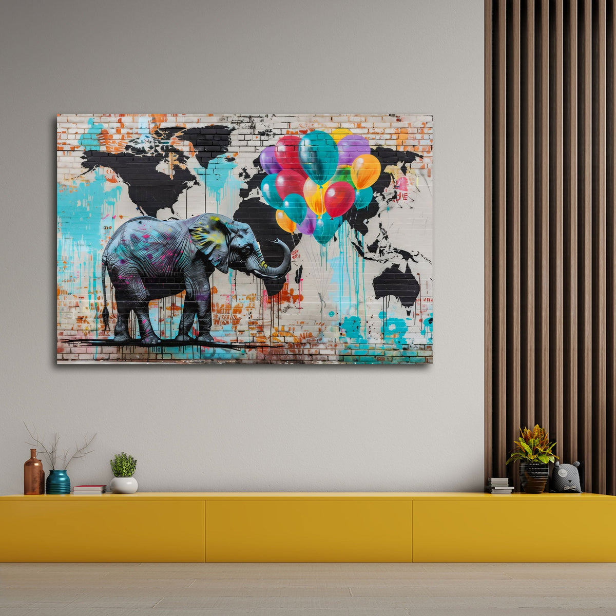 Detailansicht Graffiti Wandbild mit blauem Elefant und Weltkarte