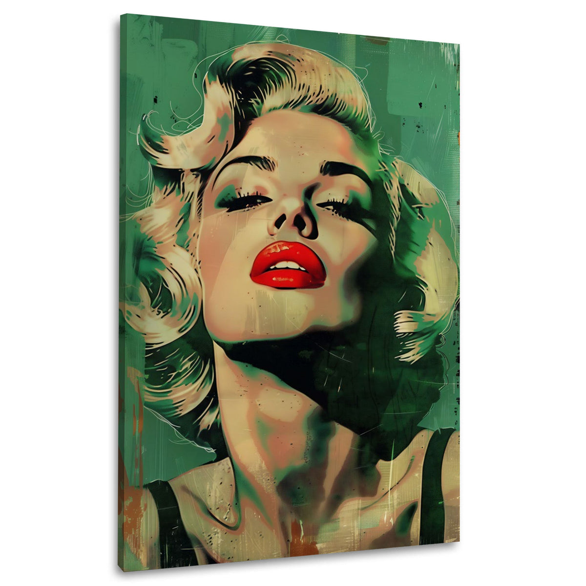 Blonde Diva mit roten Lippen auf grünem Grund als Wandbild