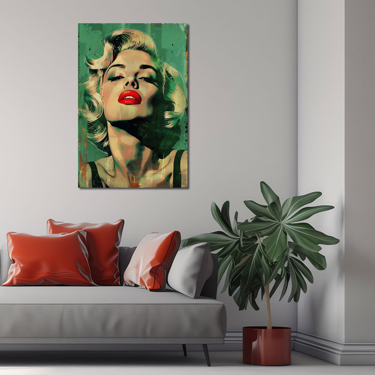 Vintage-Porträt als Wandbild über dem Sofa im Wohnzimmer