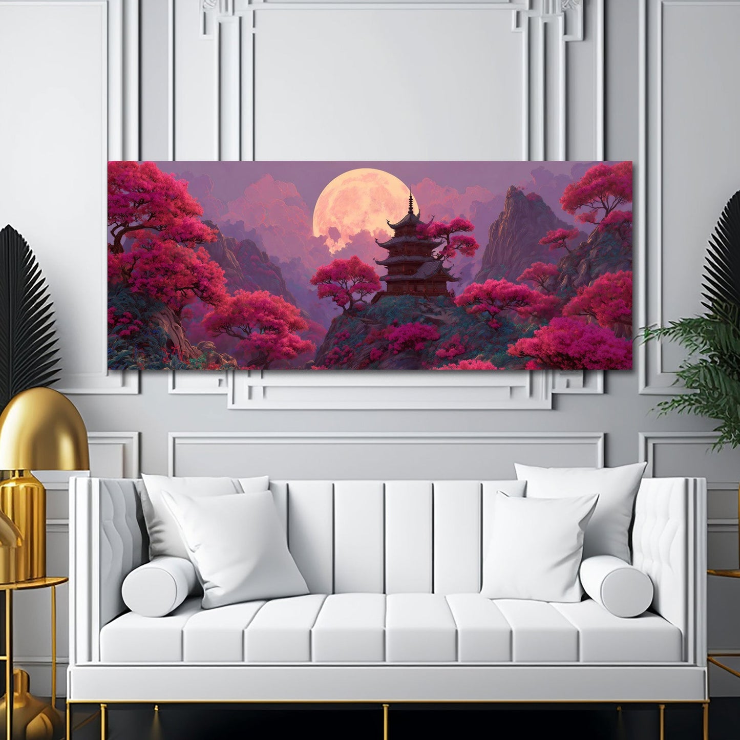 Blühende Kirschblüten mit Pagode und Mondlicht Wandbild