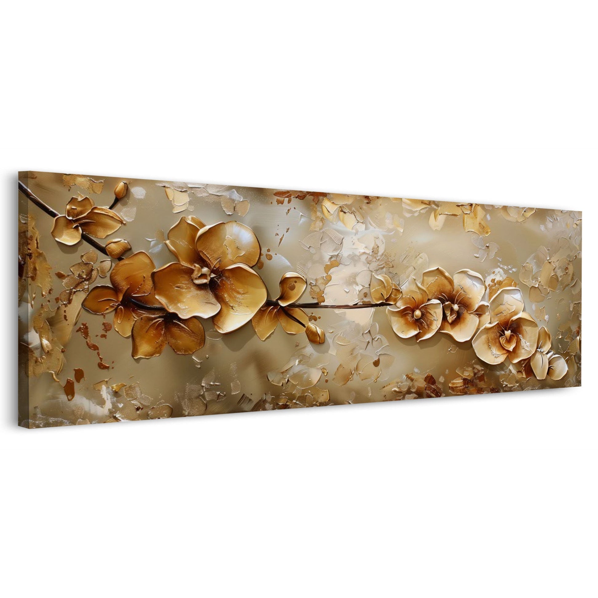 Goldener Orchideenzweig auf beige-grauem Grund – Wandbild im Panoramaformat