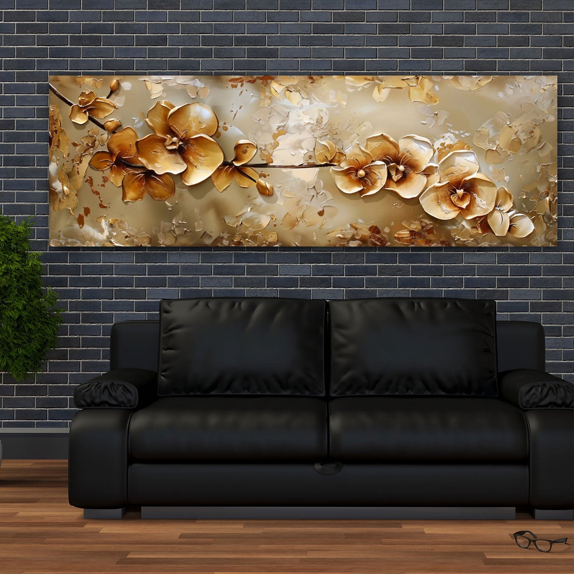Elegantes Blüten-Panorama über dem Sofa im Wohnzimmer