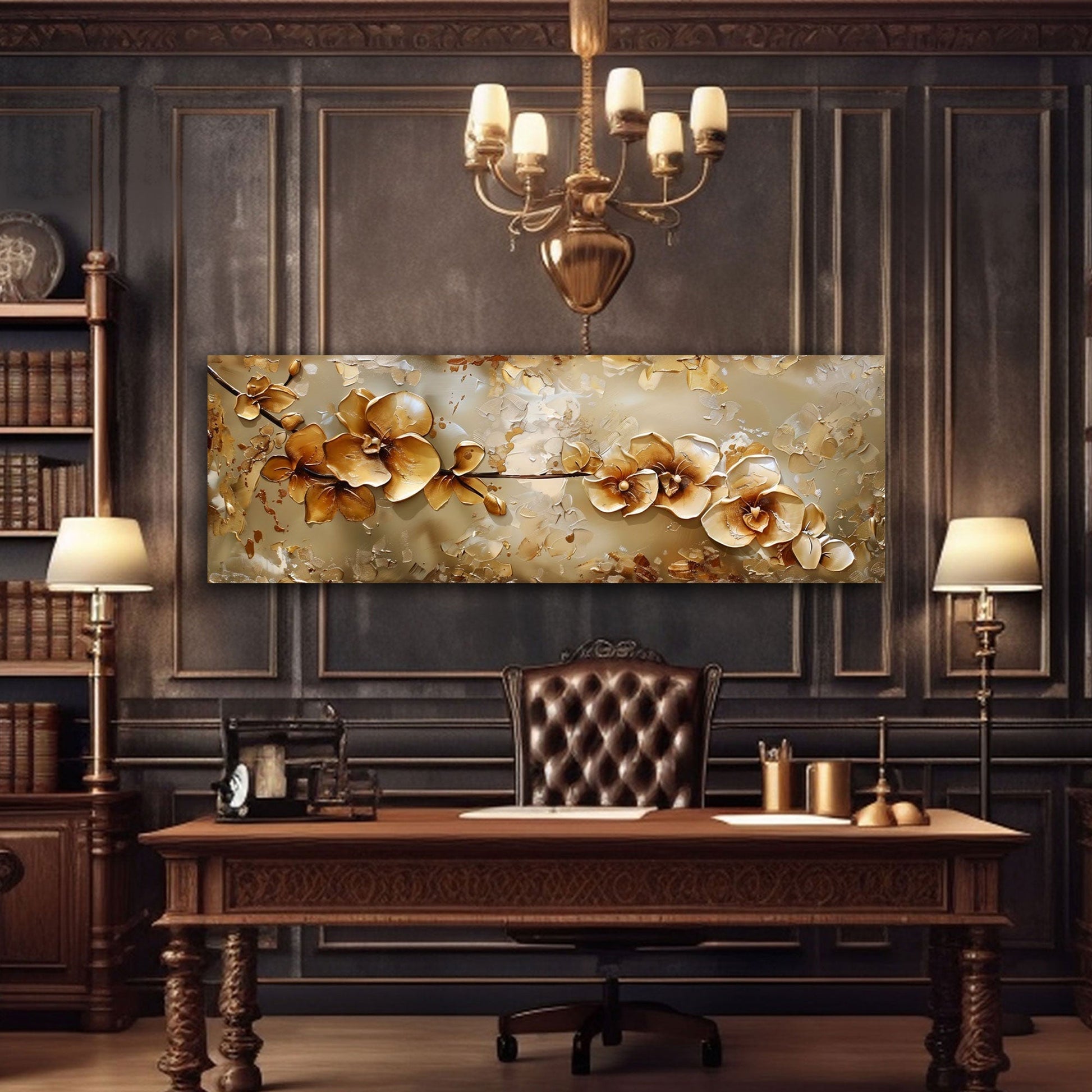 Goldenes Orchideen-Wandbild im Schlafzimmer