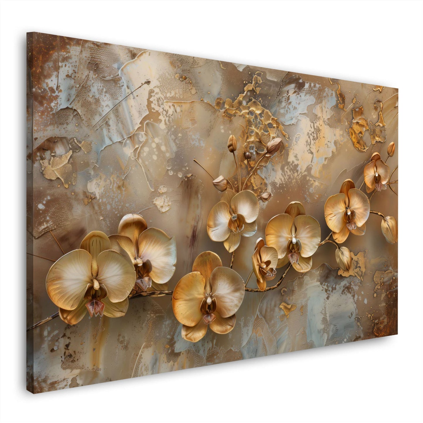 Goldene Orchideen auf abstraktem Untergrund in Beige und Rost – Wandbild im Querformat