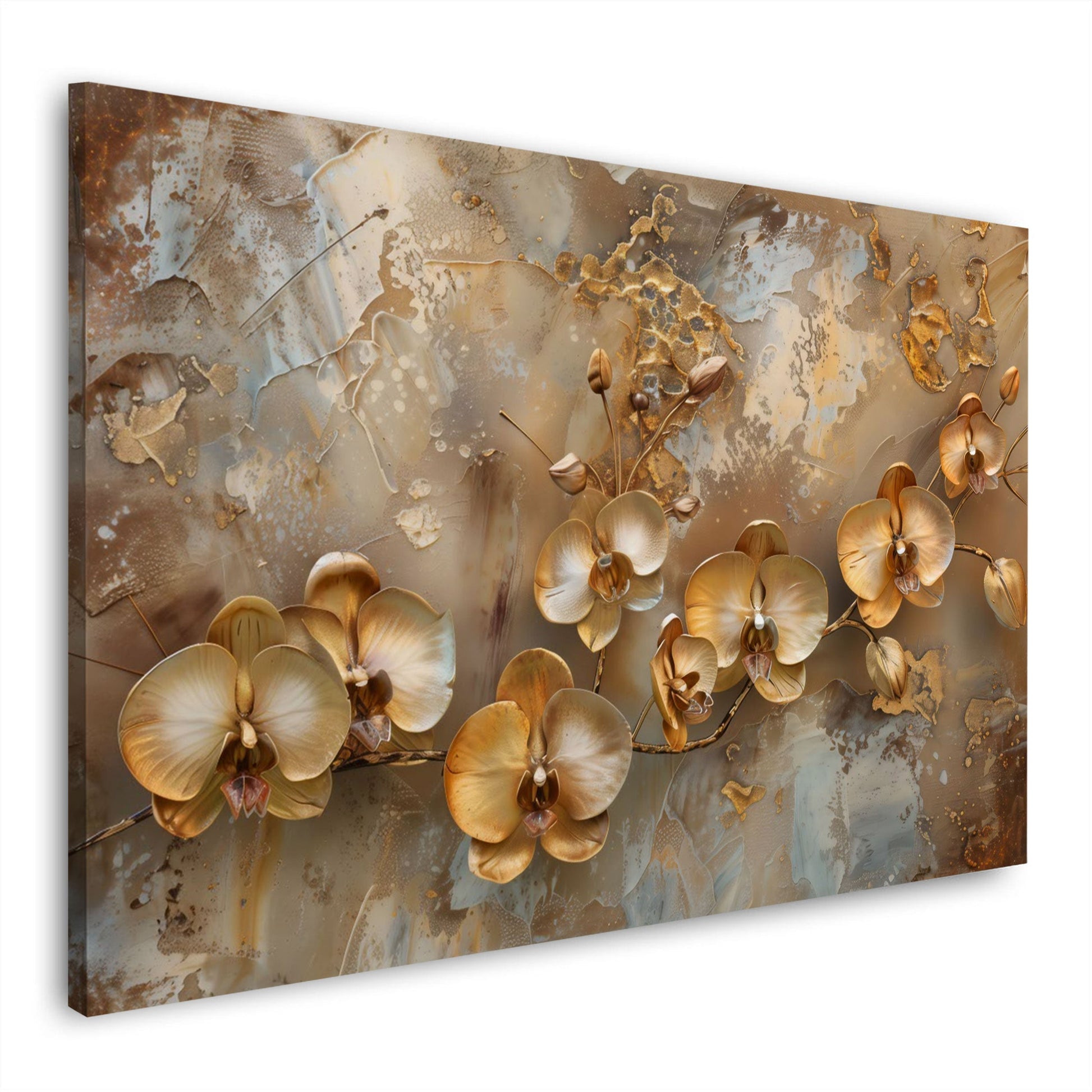 Goldene Orchideen auf abstraktem Untergrund in Beige und Rost – Wandbild im Querformat