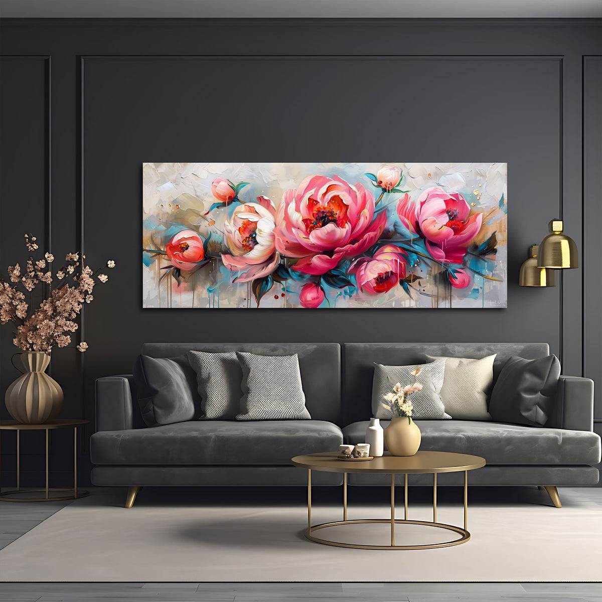 Pfingstrosen Wandbild im Panoramaformat über dem Sofa im Wohnzimmer