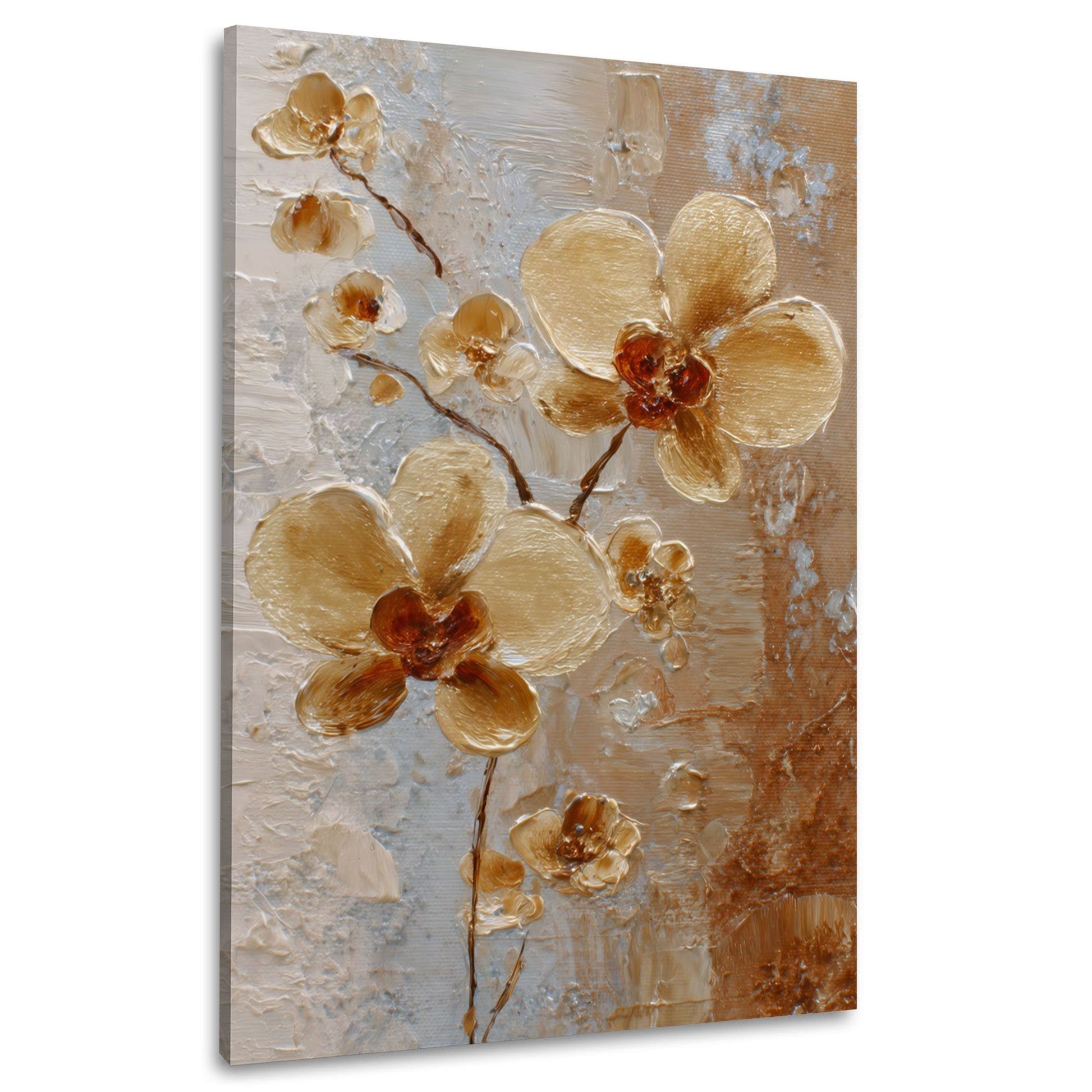 Goldene Orchideen mit rostbraunen Blütenmitten in Spachteltechnik – Wandbild im Hochformat