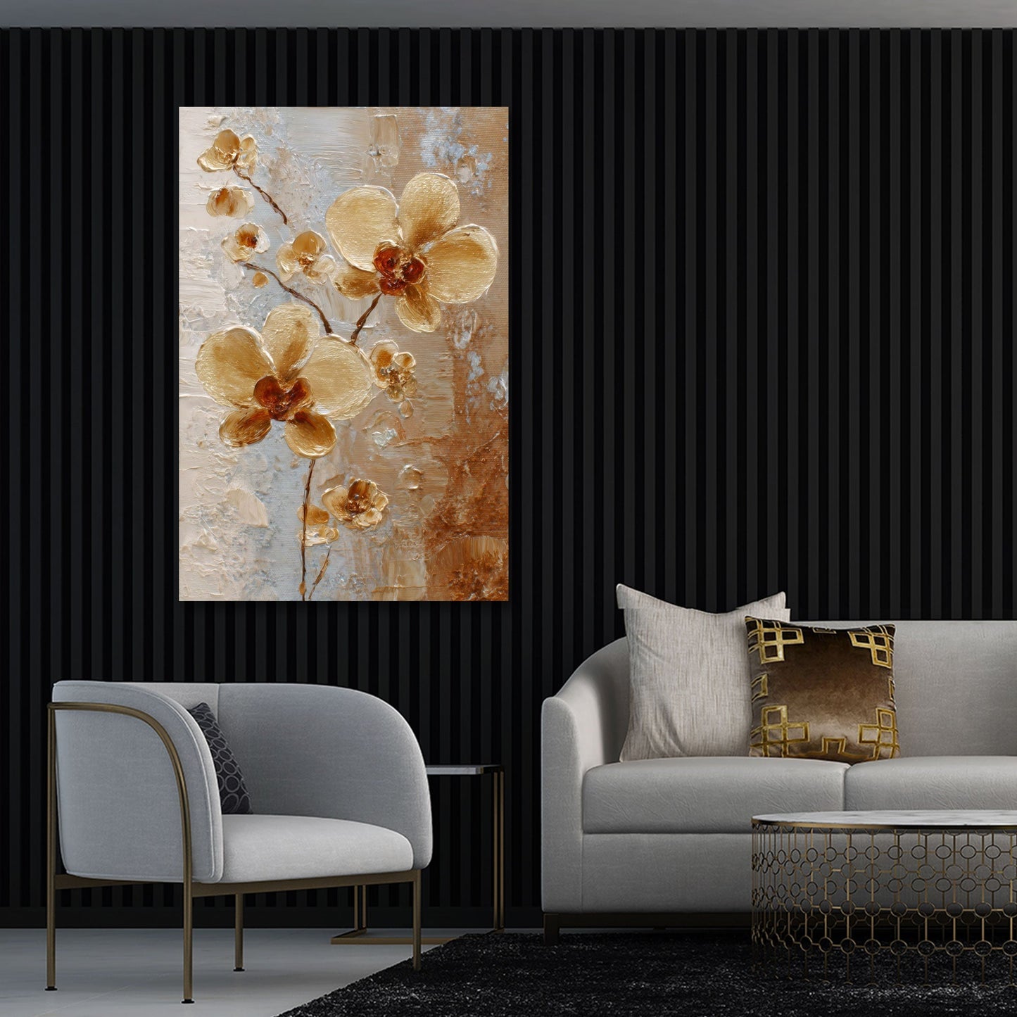 Warmes Blumen-Wandbild in Gold im Schlafzimmer