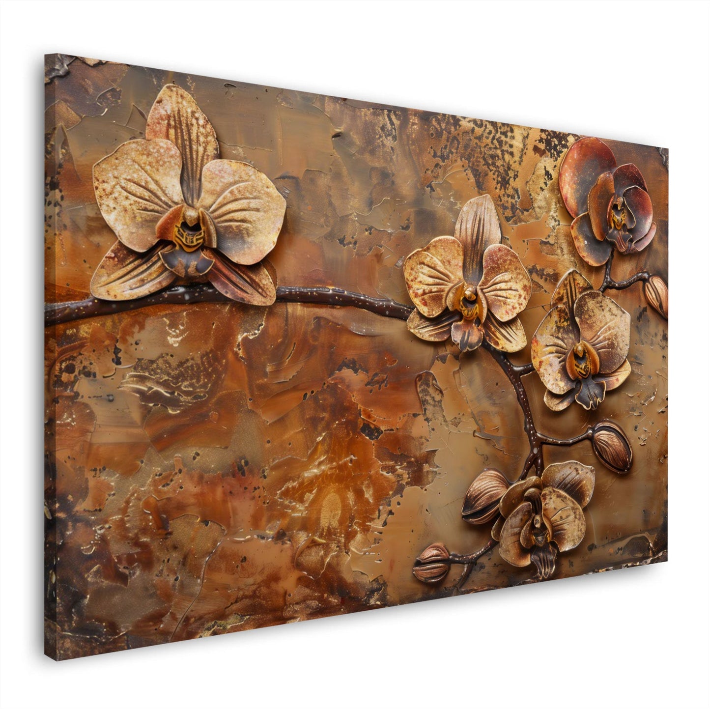 Orchideenzweig in Bronze und Kupfer in Relieftechnik – Wandbild im Panoramaformat