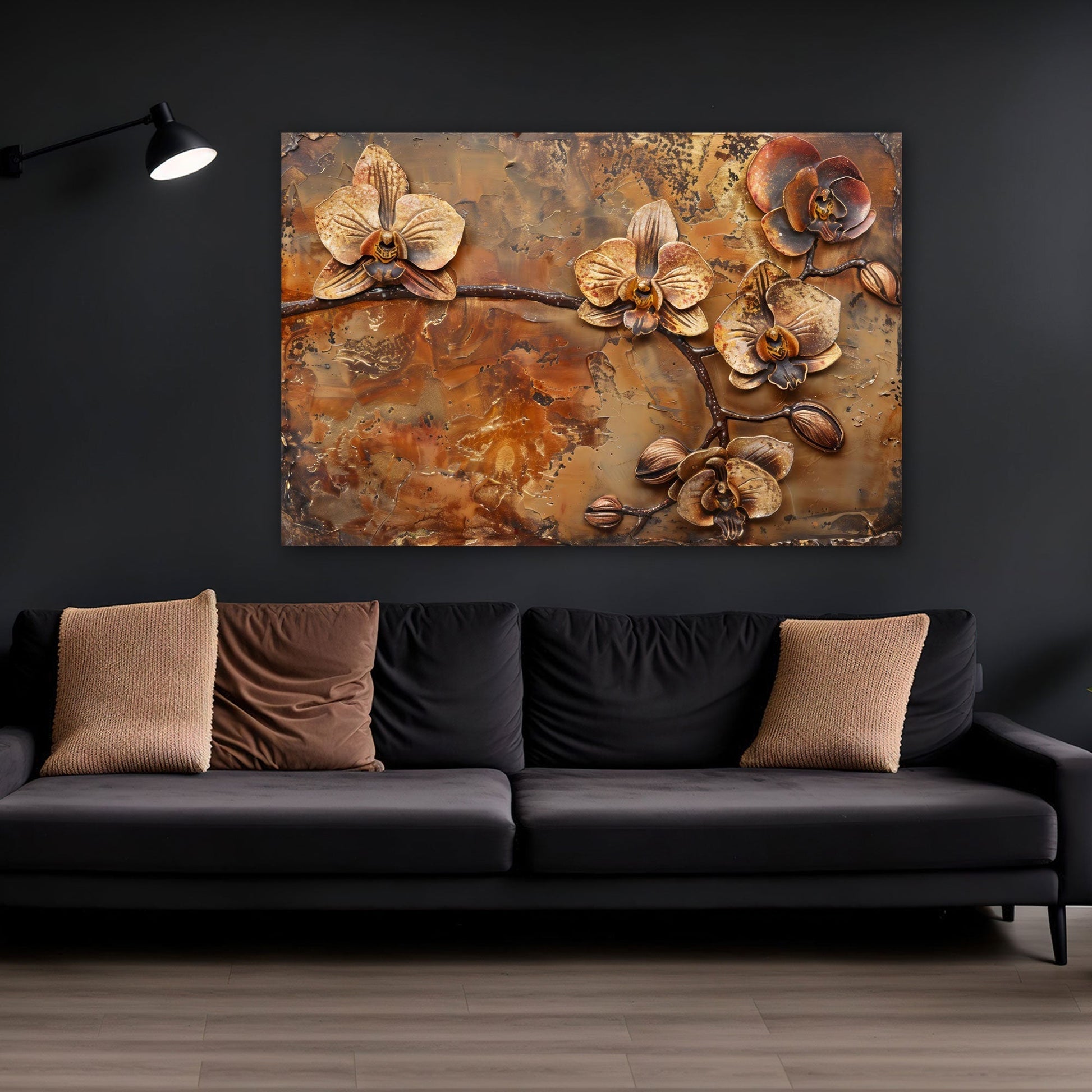 Orchideen Panorama-Wandbild über dem Sofa im Wohnzimmer