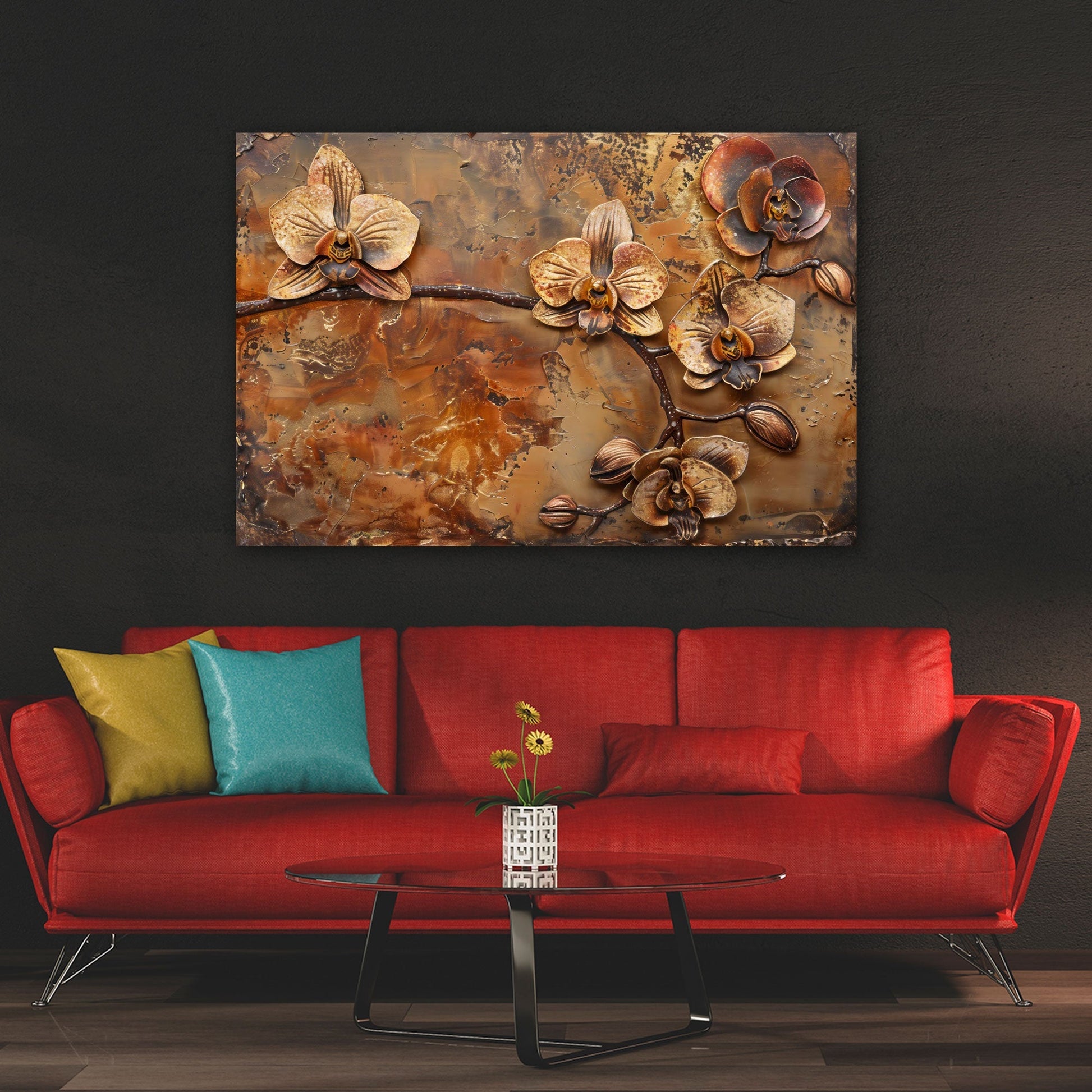 Warmes Orchideen-Wandbild im Schlafzimmer
