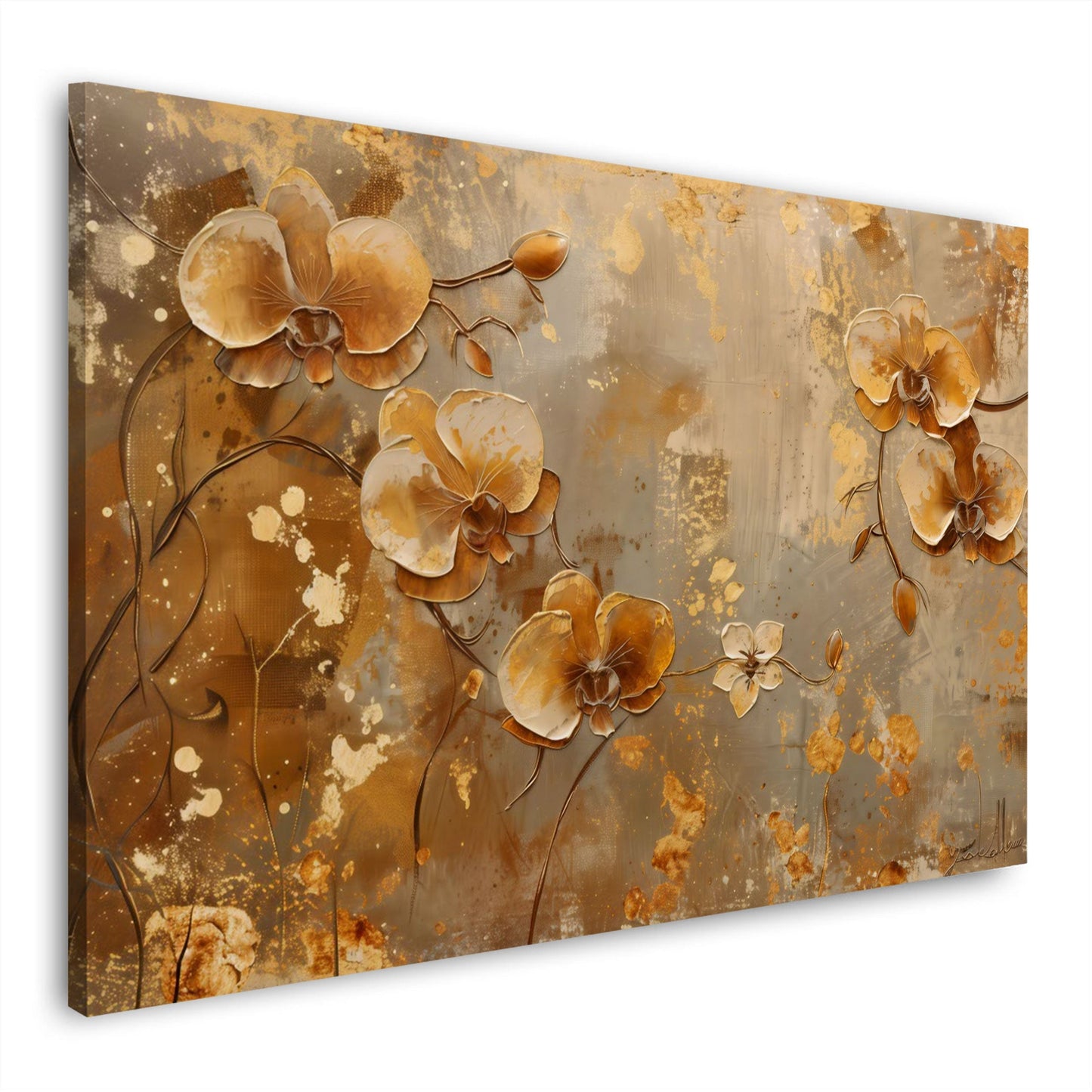 Goldene Orchideen in pastoser Ölmalerei mit Blattgold – Wandbild im Querformat