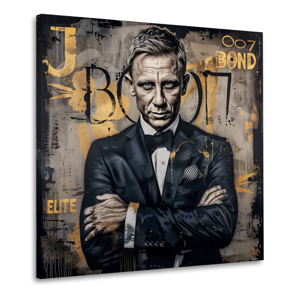 Wandbild Agent im Smoking mit goldenem 007 Schriftzug auf Leinwand
