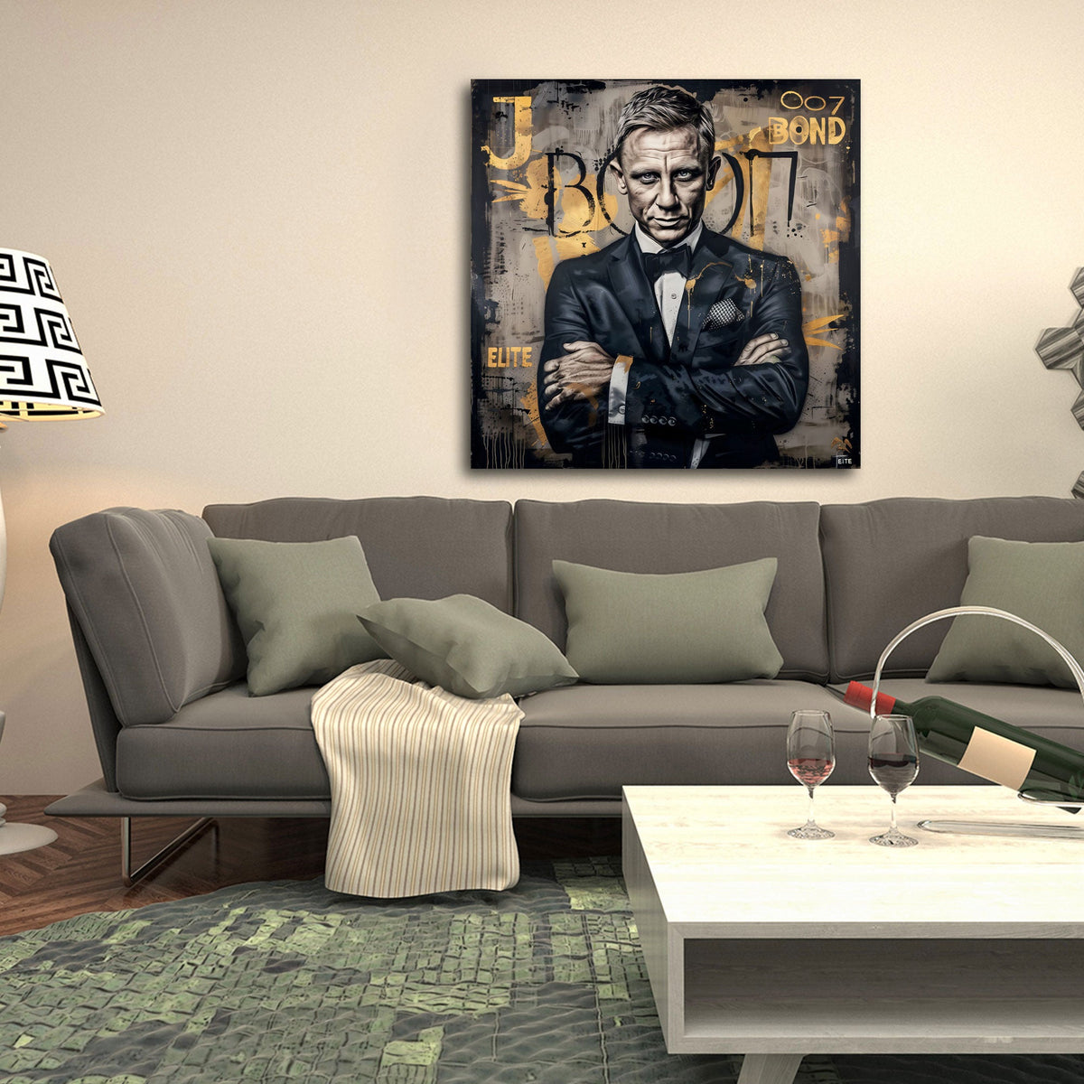 Detailansicht Wandbild mit Smoking Fliege und goldenen Farbläufen