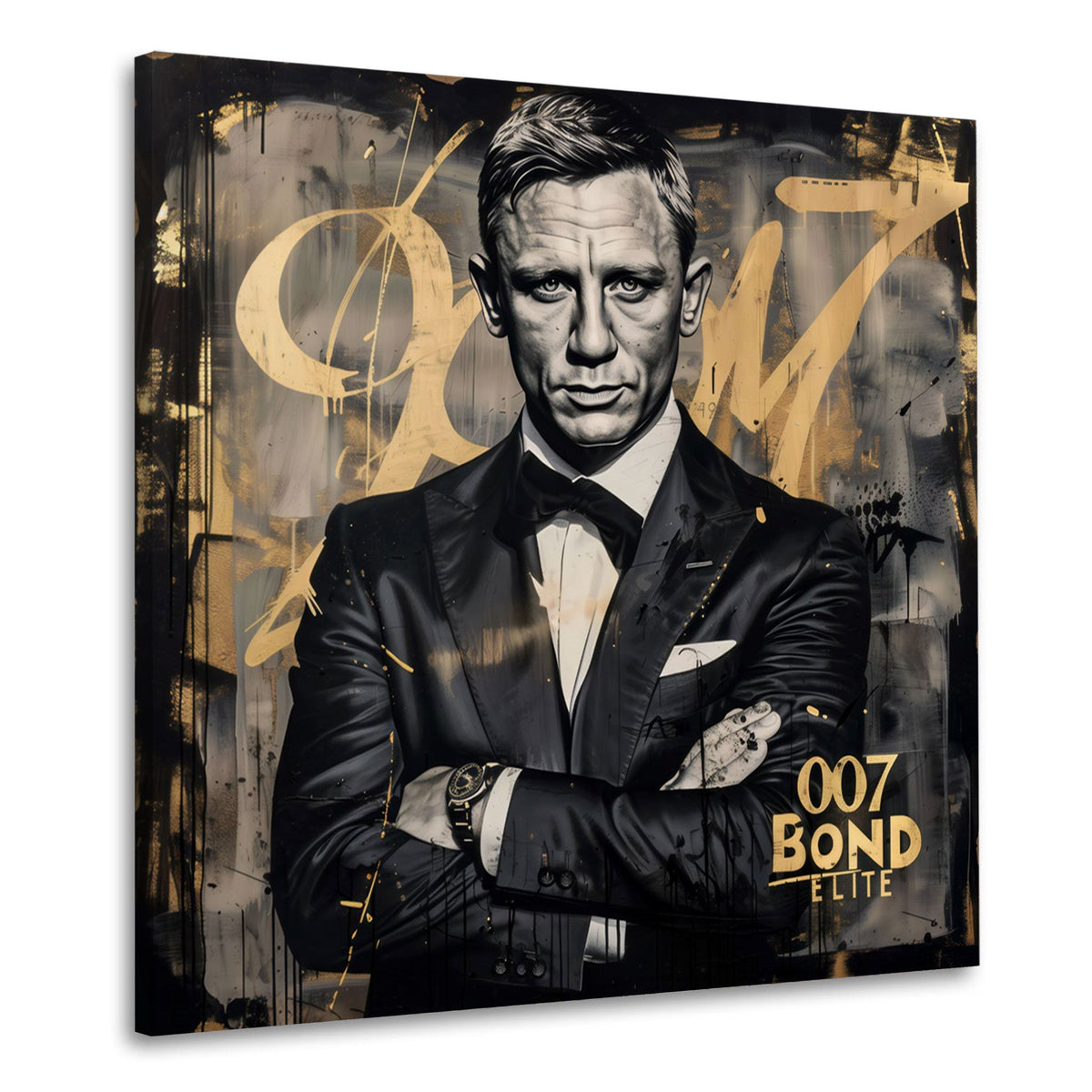 Wandbild Agent Porträt im Smoking mit 007 in Gold und Schwarz auf Leinwand