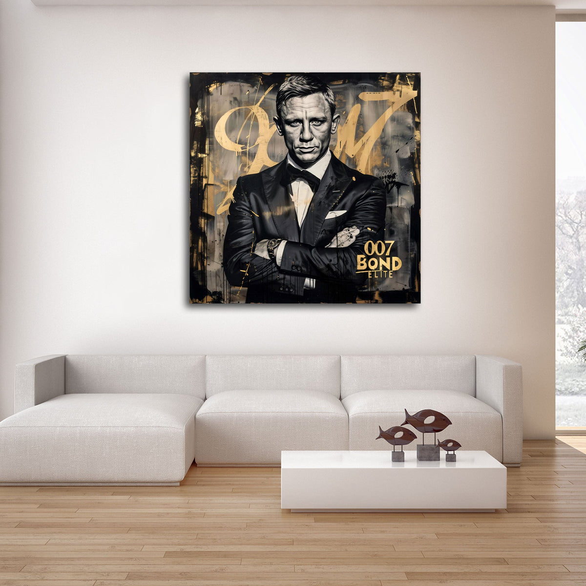 Quadratisches Film Wandbild in Gold und Schwarz im Wohnraum