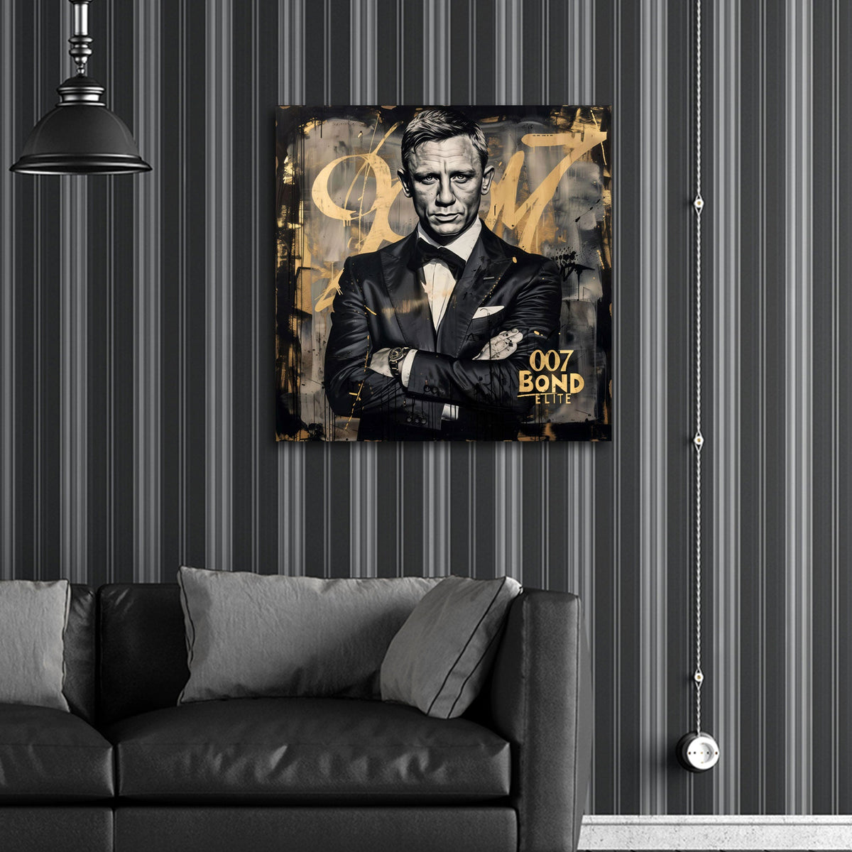 Detailansicht Wandbild mit Smoking Armbanduhr und goldenen Pinselzügen