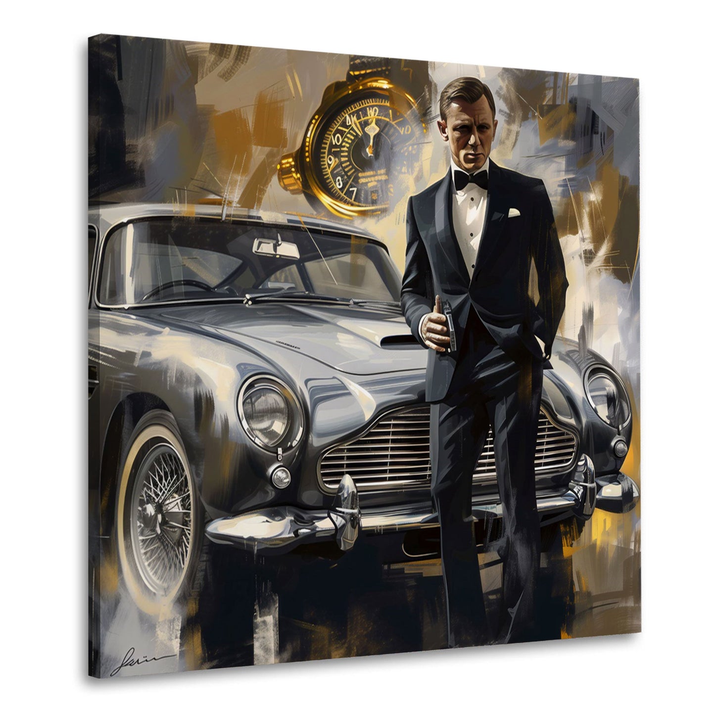 Bond Stil eleganter Agent mit Oldtimer ikonisch Wandbild