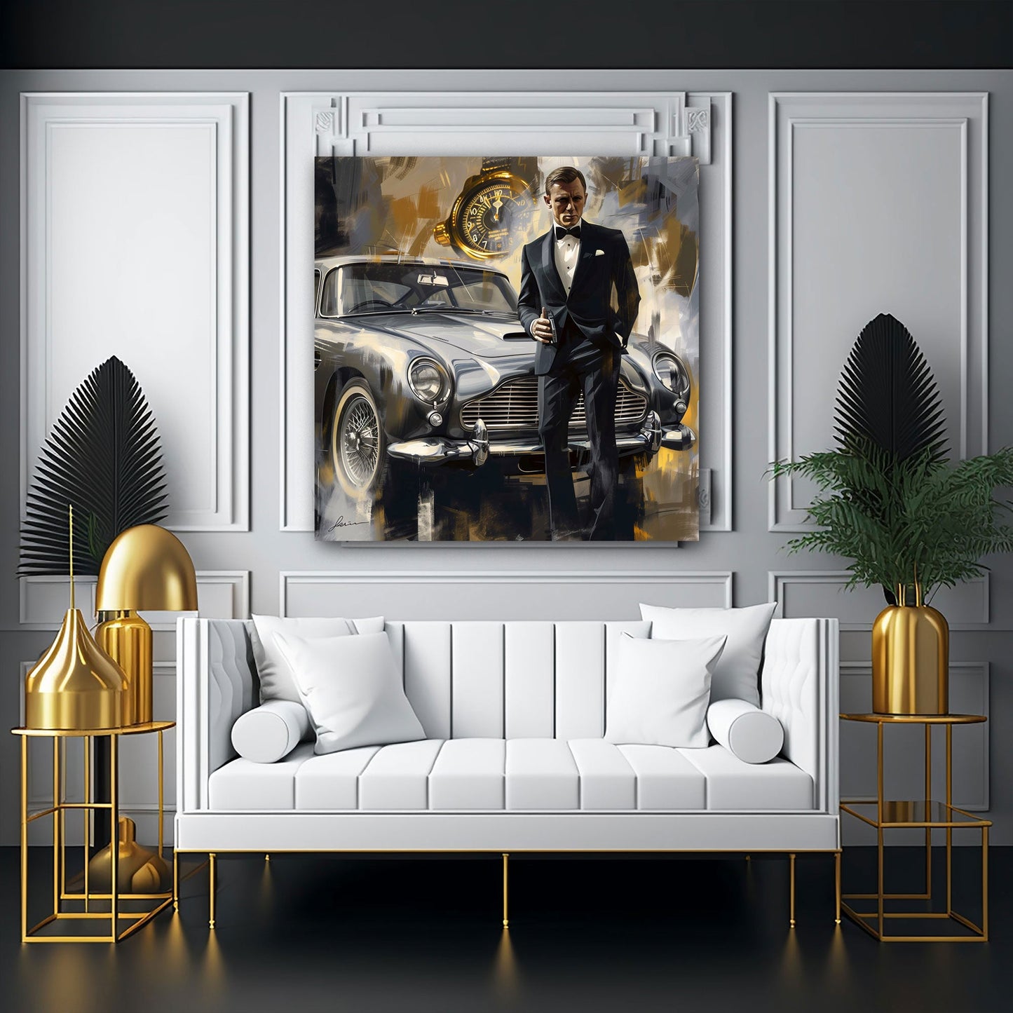 Bond Stil eleganter Agent mit Oldtimer ikonisch Wandbild