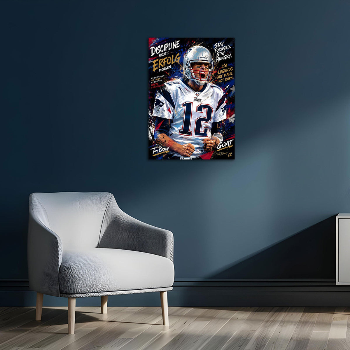 Motivation Wandbild mit Football Legende über dem Schreibtisch im Büro