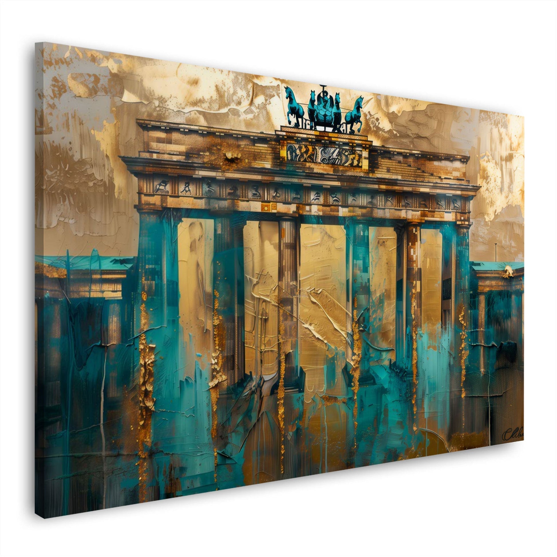 Brandenburger Tor Berlin mit Quadriga in Gold und Türkis – Wandbild im Querformat