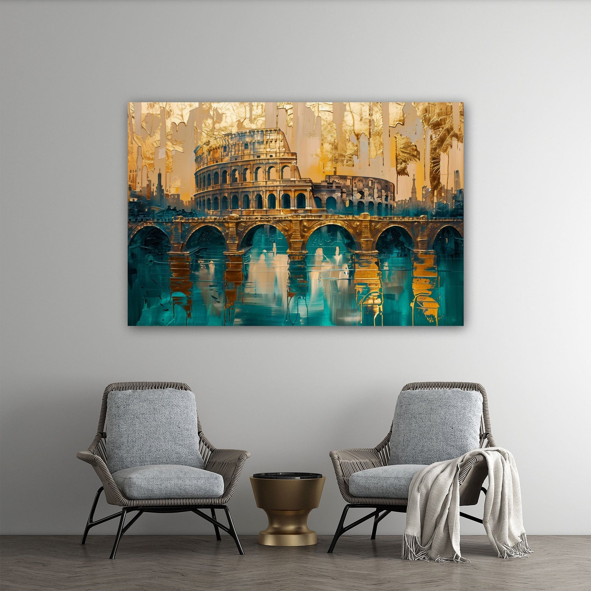 Kolosseum Wandbild in Gold über dem Sofa im Wohnzimmer