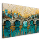 Historische Bogenbrücke mit Altstadtsilhouette in Gold und Türkis – Wandbild im Querformat