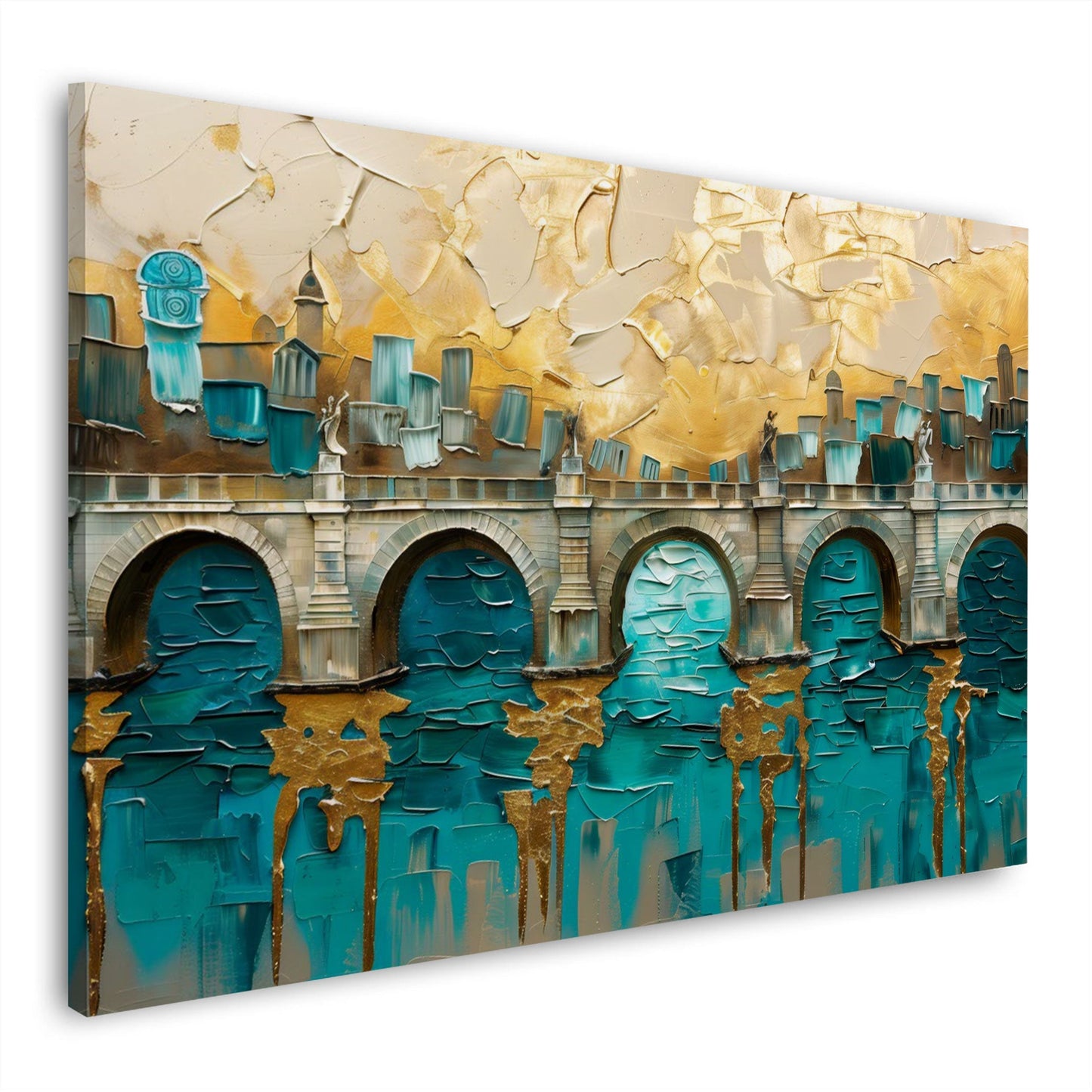 Historische Bogenbrücke mit Altstadtsilhouette in Gold und Türkis – Wandbild im Querformat