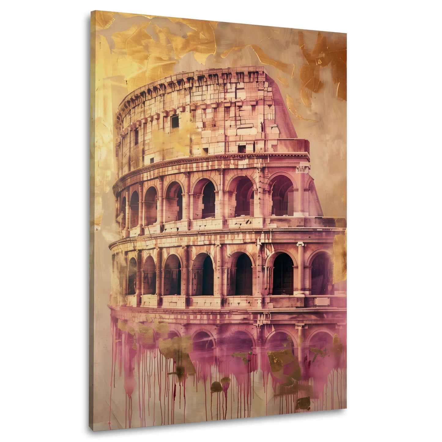 Kolosseum in Rom als Aquarell-Collage in Gold und Rosa – Wandbild im Hochformat