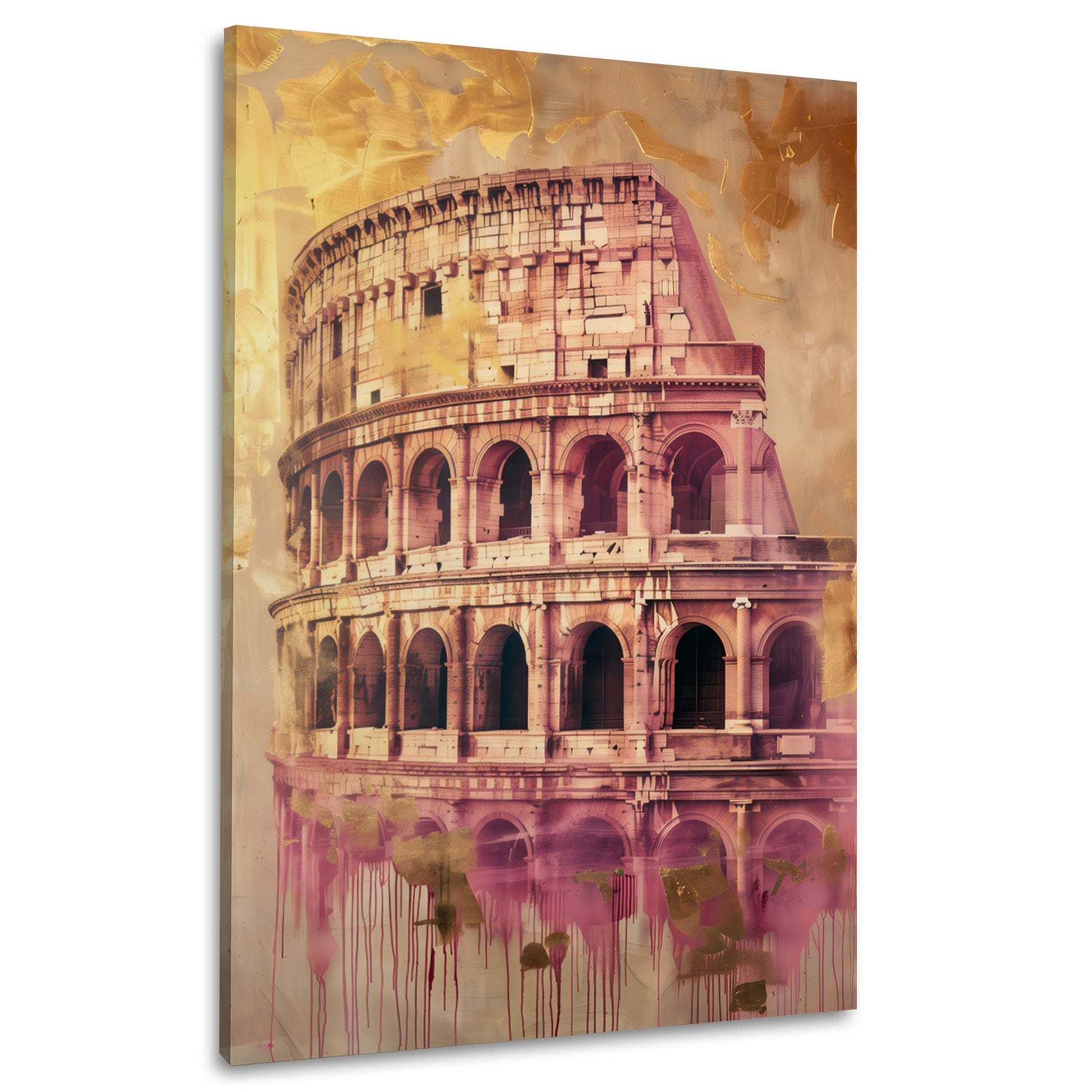 Kolosseum in Rom als Aquarell-Collage in Gold und Rosa – Wandbild im Hochformat