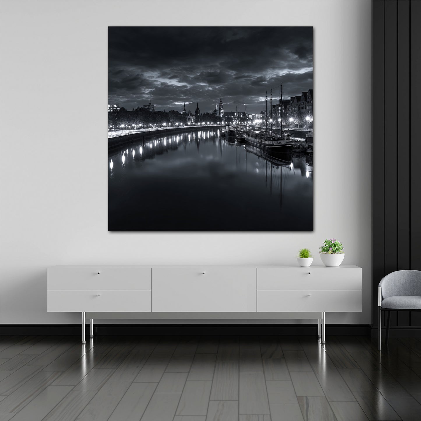 Bremer Altstadt Schiffe und Lichter Weser schwarz weiß Wandbild