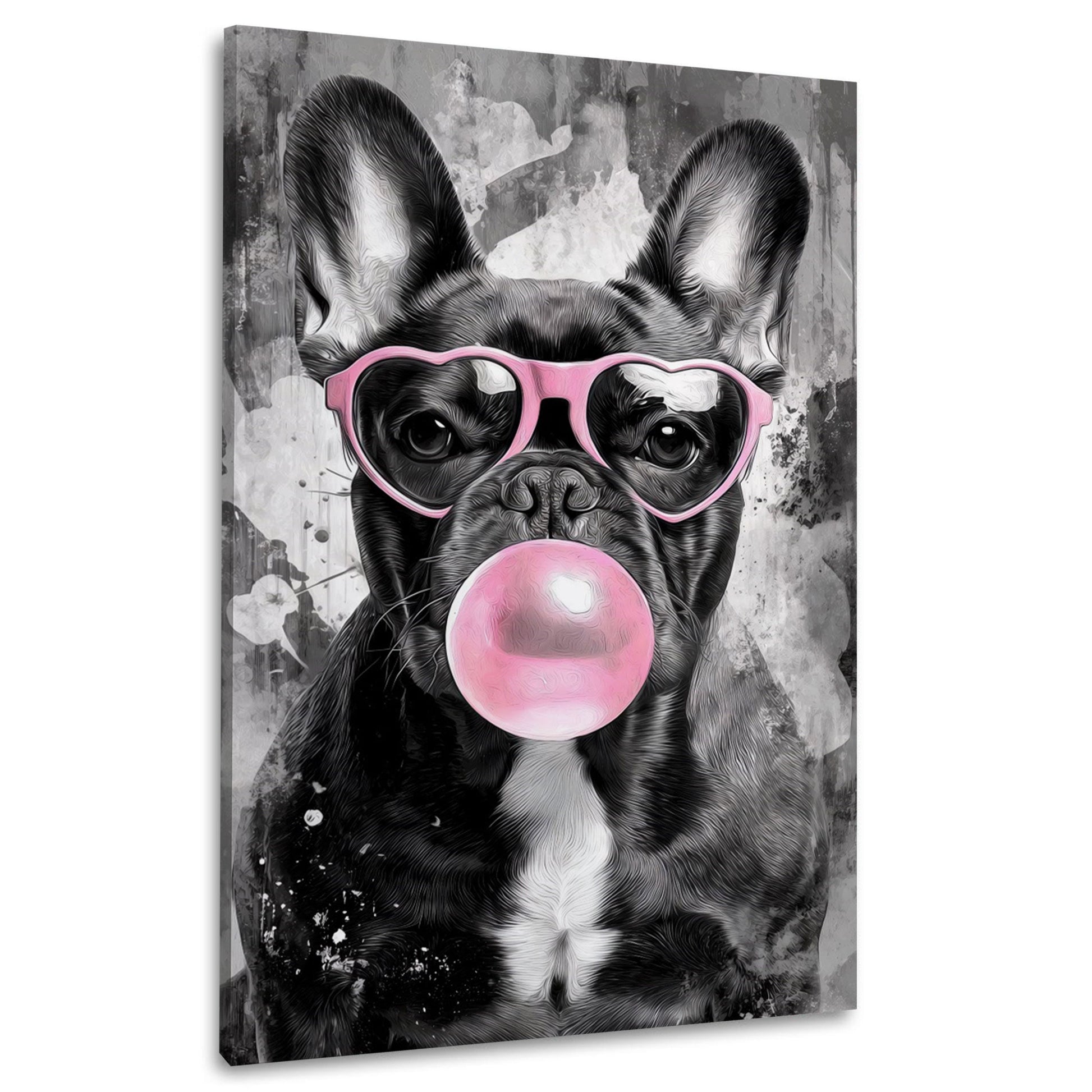 Bulldogge mit Herzbrille und rosa Kaugummiblase Wandbild