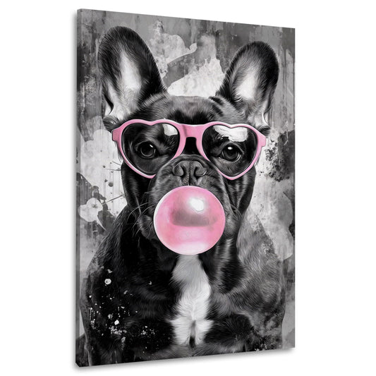 Bulldogge mit Herzbrille und rosa Kaugummiblase Wandbild