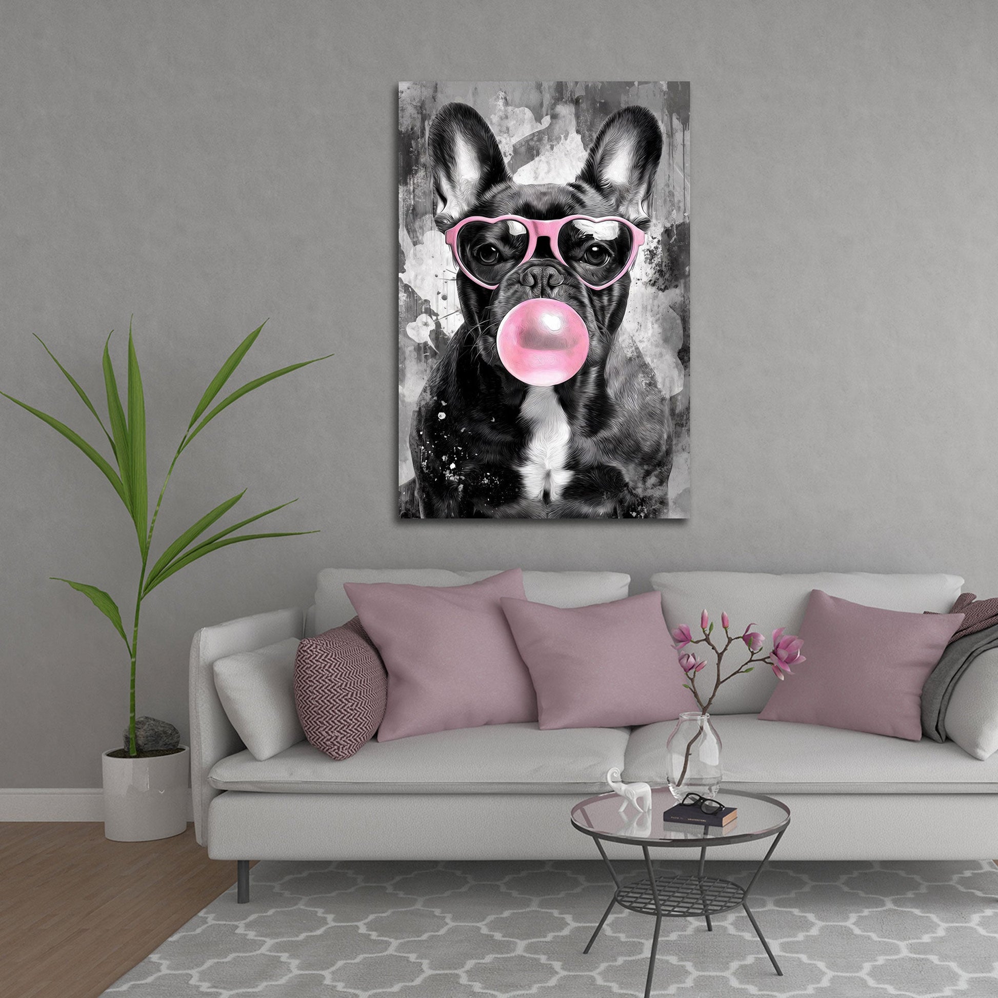 Bulldogge mit Herzbrille und rosa Kaugummiblase Wandbild