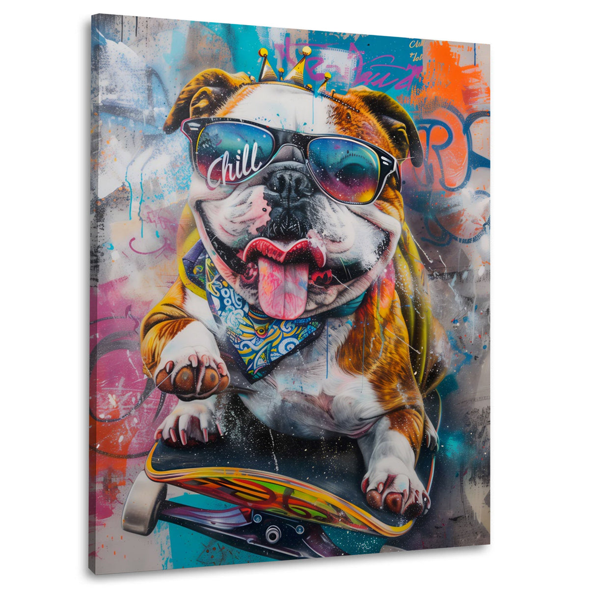 Wandbild Bulldogge mit Sonnenbrille auf Skateboard vor Graffitiwand