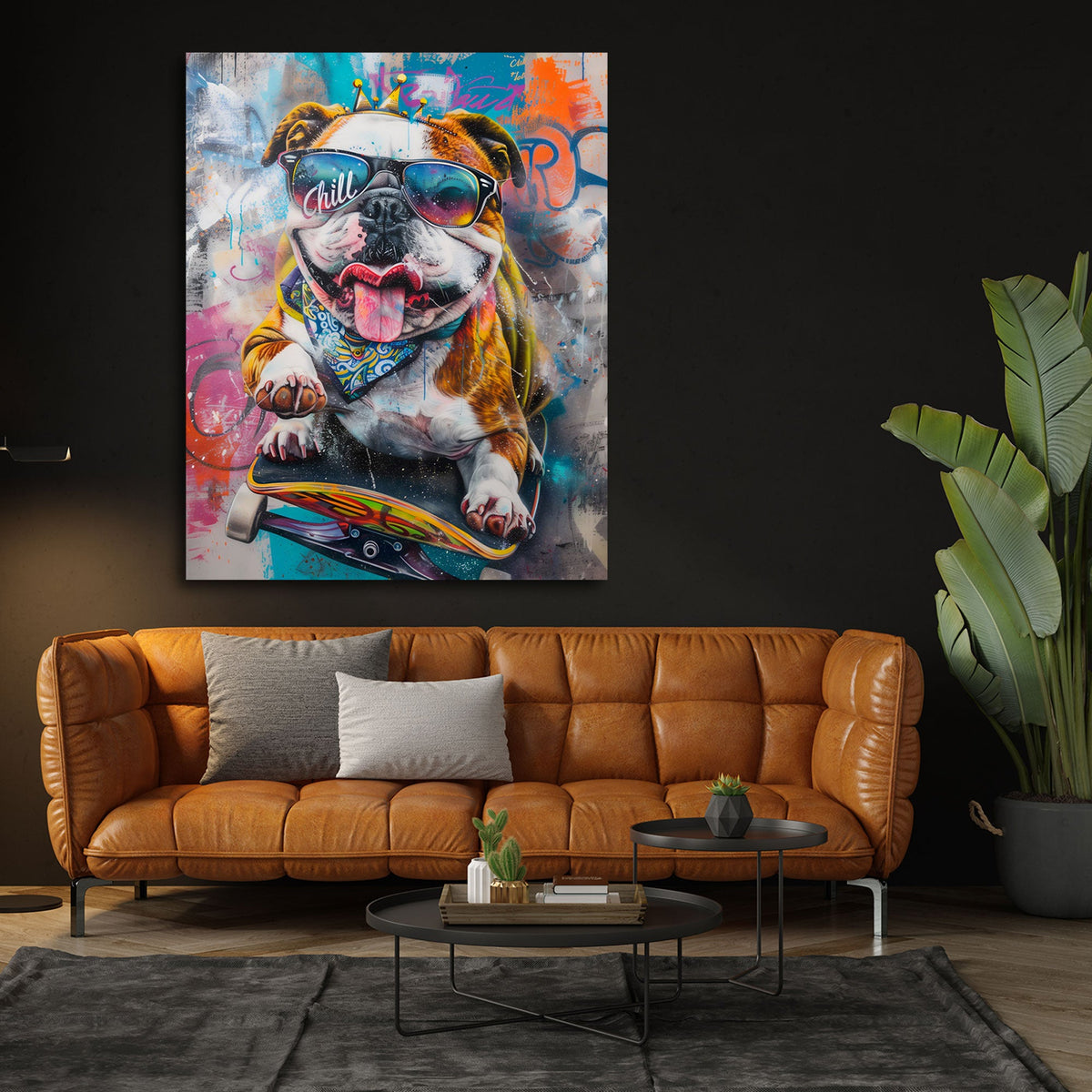 Detailansicht Bulldoggen Wandbild mit Sonnenbrille und Halstuch
