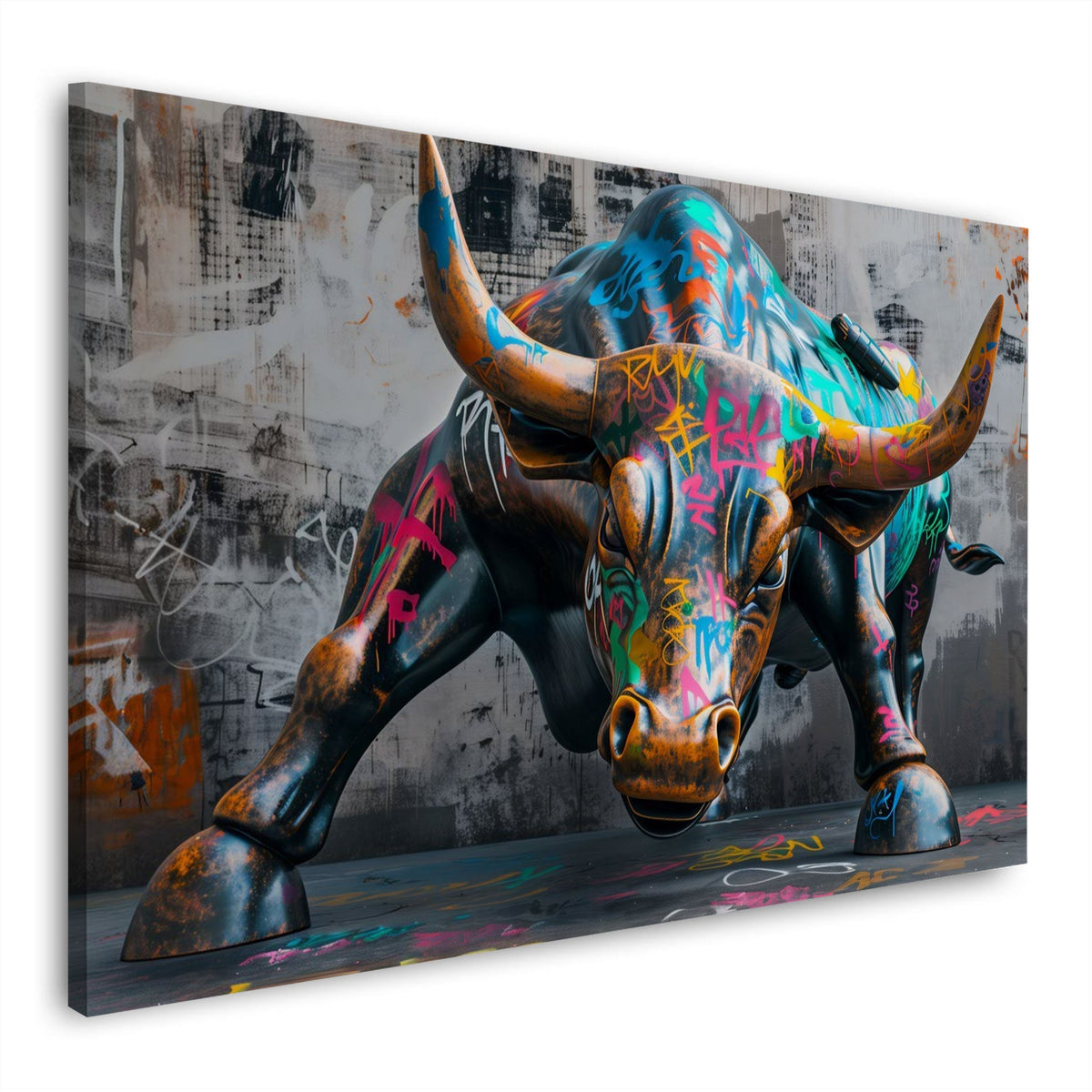 Wandbild mit Bullen-Skulptur im Graffiti-Look vor grauer Wand