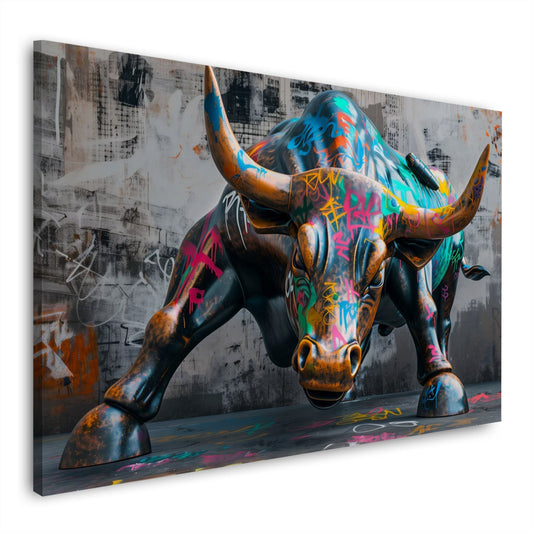 Wandbild mit Bullen-Skulptur im Graffiti-Look vor grauer Wand