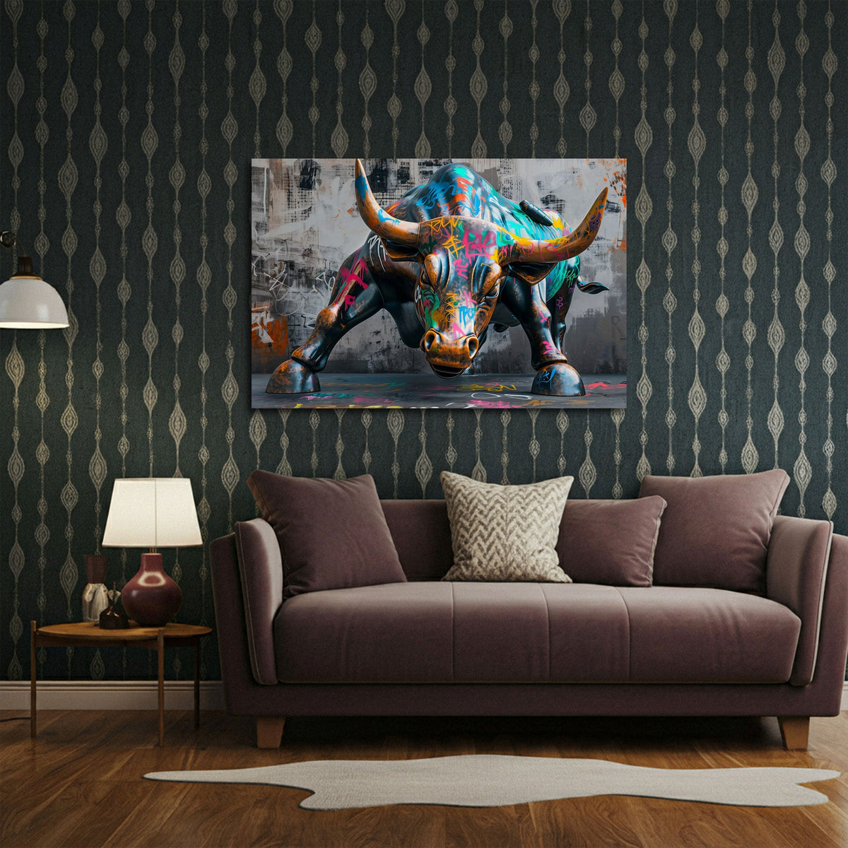 Bulle Street Art Wandbild über dem Sofa im Wohnzimmer