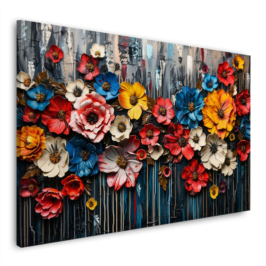 Modernes Wandbild mit bunten Blüten vor dunklem Hintergrund