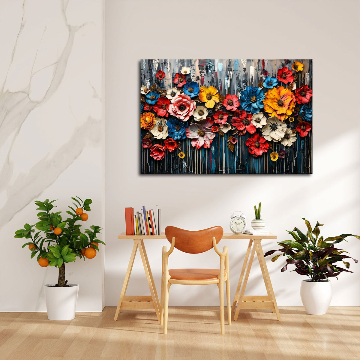 Blumen Wandbild in bunten Farben über dem Sofa im Wohnzimmer