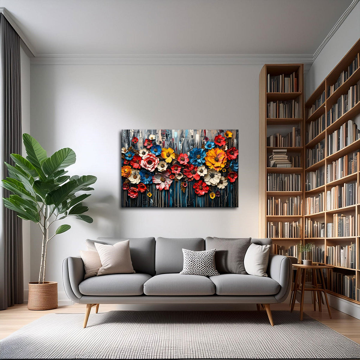 Blüten Wandbild als moderner Farbakzent im hellen Wohnraum