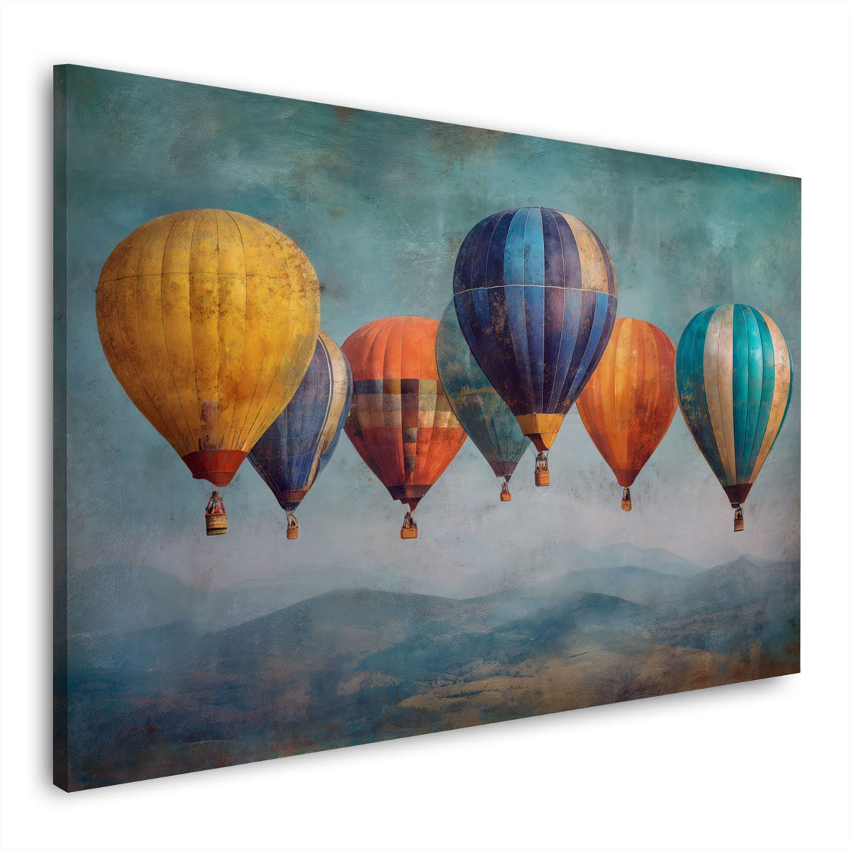 Wandbild mit bunten Heißluftballons über nebligen Bergketten