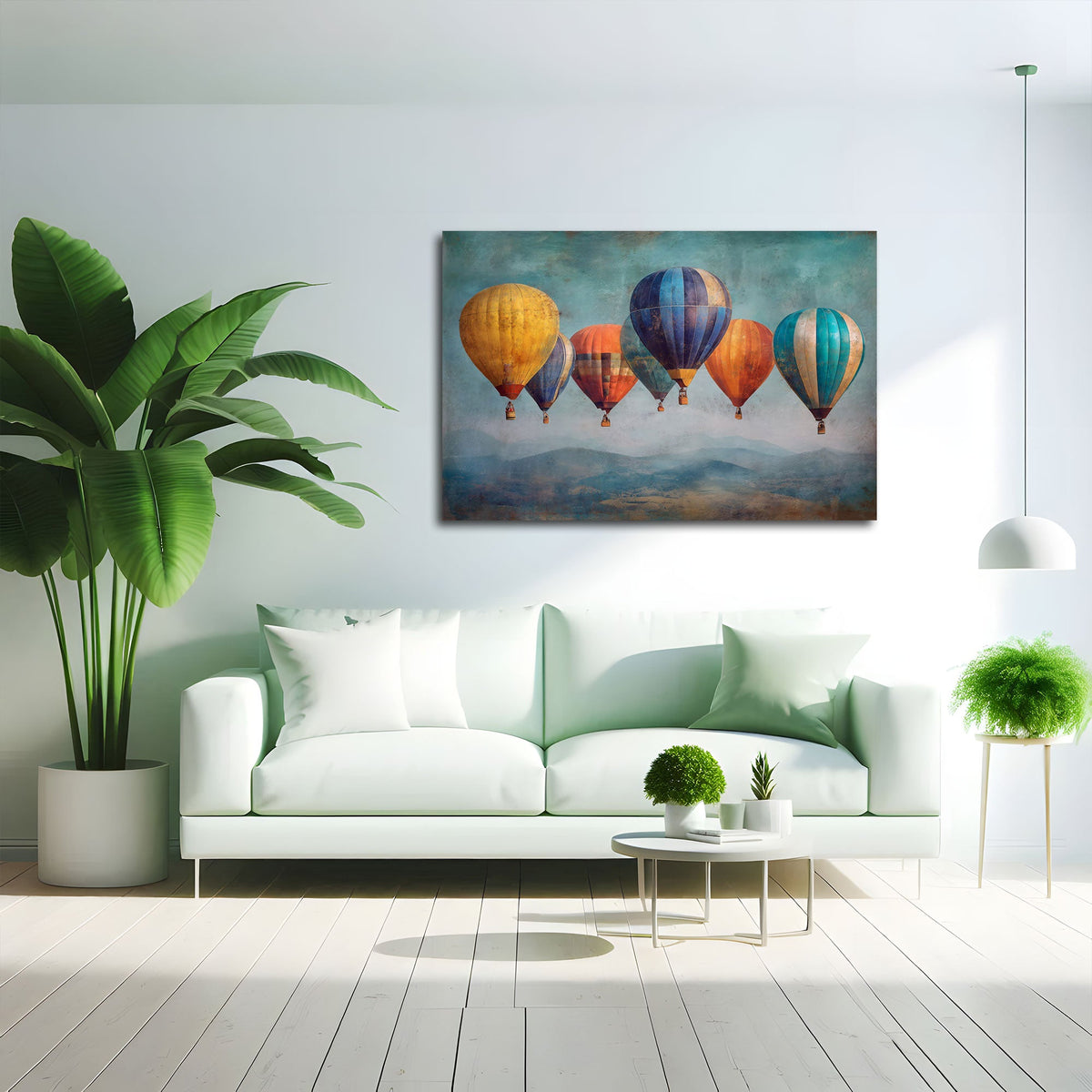 Heißluftballon Wandbild über dem Sofa im Wohnzimmer