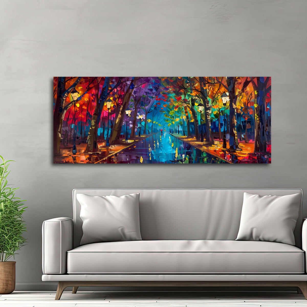 Panorama-Wandbild einer bunten Allee über dem Sofa im Wohnzimmer