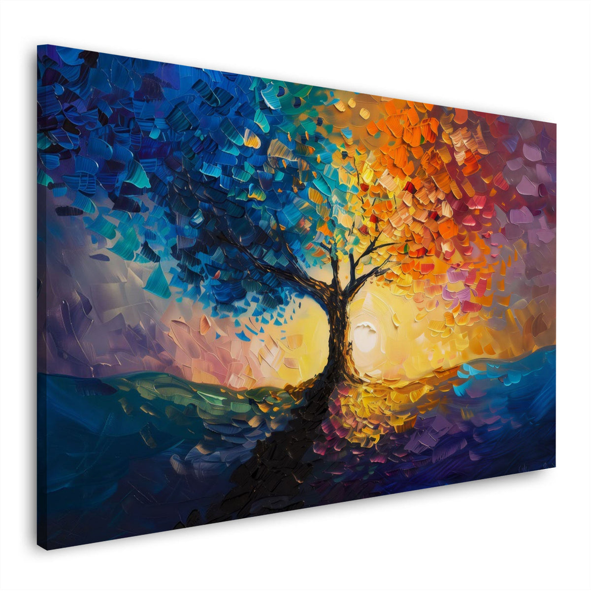 Abstraktes Wandbild mit buntem Baum und leuchtender Sonne